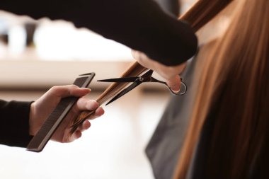 Profesyonel kuaför müşteriyle kuaförde çalışıyor.