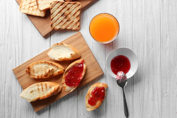 Toasted Bread Jam Glass Orange Juice Wooden Table — Stock Photo, Image
