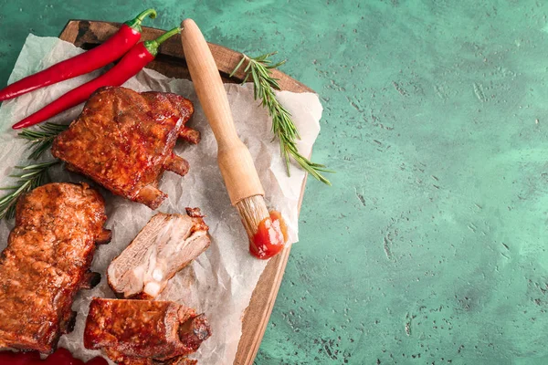 Delicious Grilled Ribs Sauce Wooden Board — Stock Photo, Image