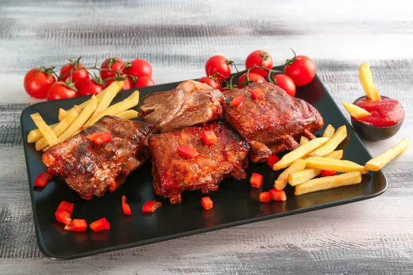 Delicious Grilled Ribs French Fries Plate — Stock Photo, Image