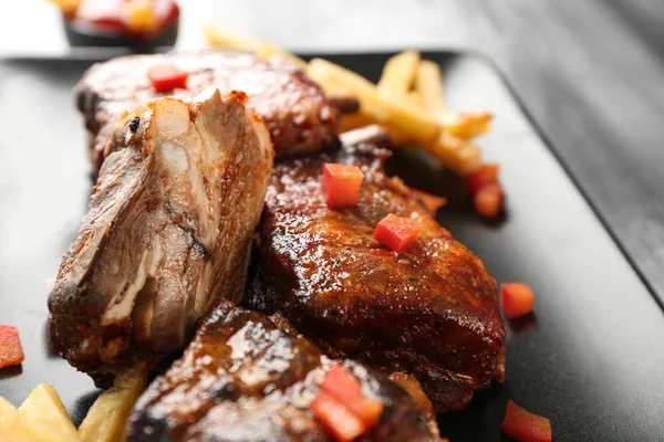 Delicious Grilled Ribs French Fries Plate Closeup — Stock Photo, Image