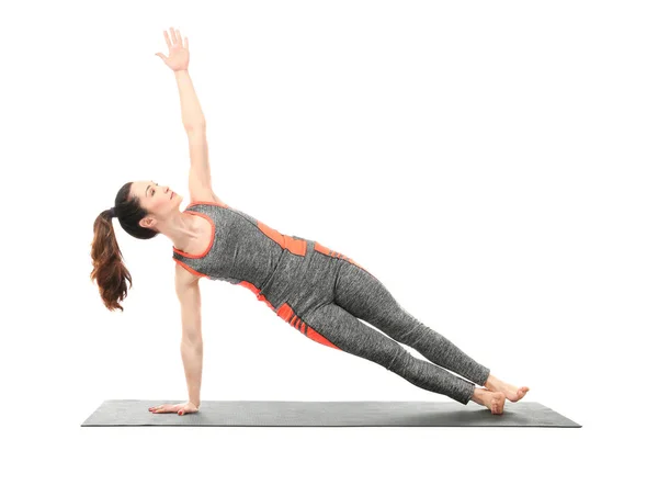 Hermosa Mujer Practicando Yoga Sobre Fondo Blanco — Foto de Stock