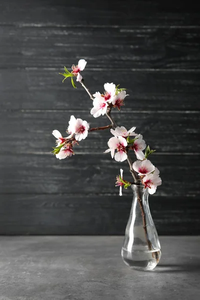 Vase Beautiful Blossoming Branch Table Wooden Background — Stock Photo, Image