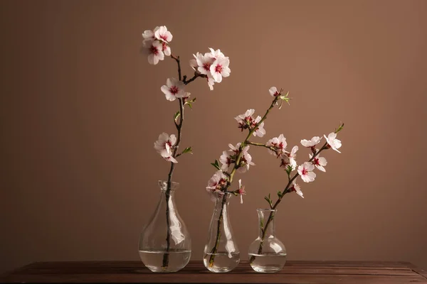 Jarrones Con Hermosas Ramas Flor Sobre Mesa Contra Fondo Color —  Fotos de Stock