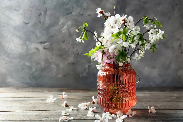 Vase Beautiful Blossoming Branches Wooden Table — Stock Photo, Image