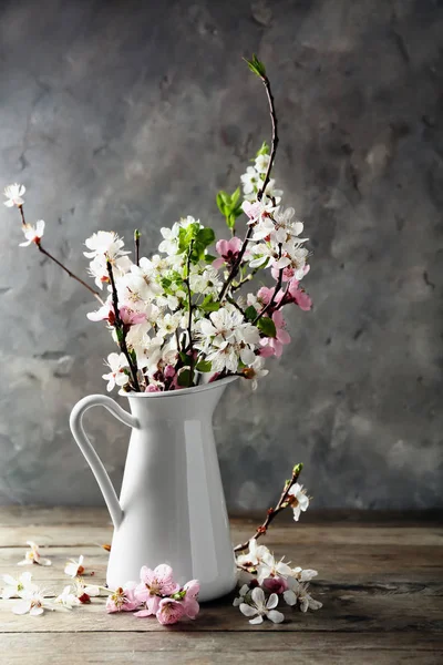 Vase Beautiful Blossoming Branches Wooden Table — Stock Photo, Image