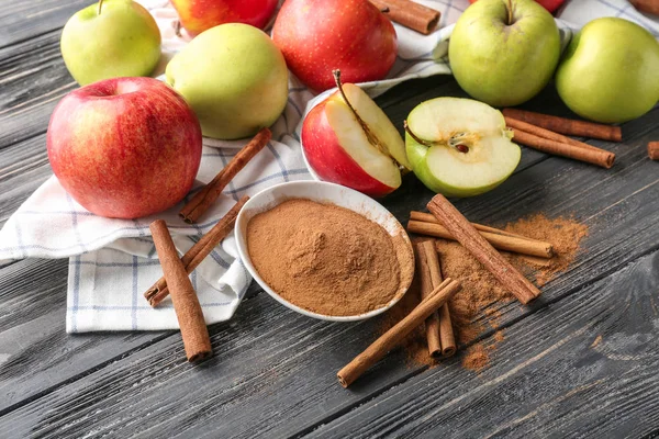 Fresh Apples Cinnamon Sticks Powder Wooden Table — Stock Photo, Image