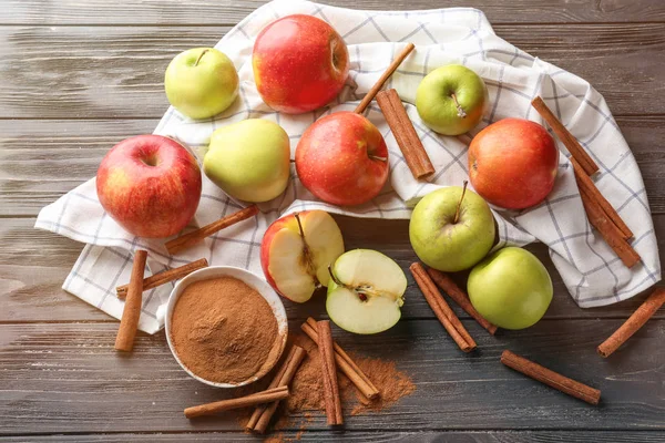 Fresh Apples Cinnamon Sticks Powder Wooden Table — Stock Photo, Image