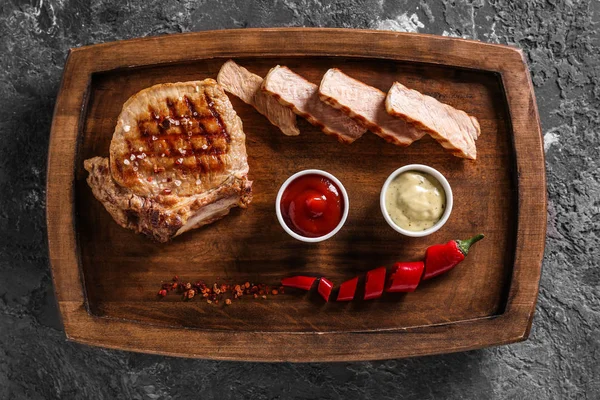 Delicious Grilled Meat Sauces Wooden Board — Stock Photo, Image