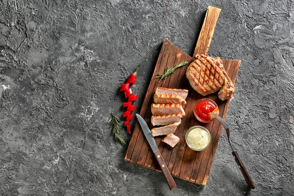 Delicious Grilled Meat Sauces Wooden Board — Stock Photo, Image
