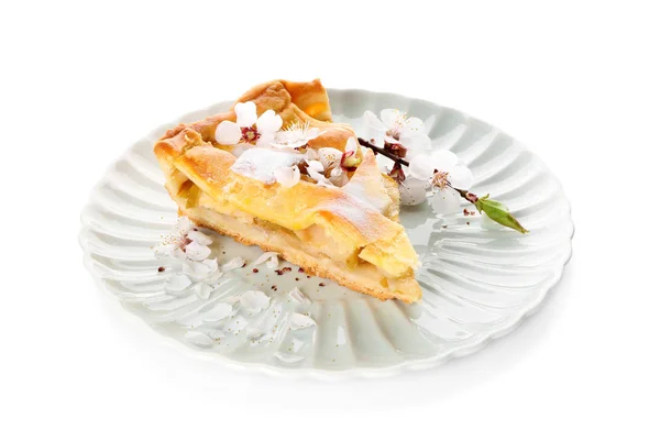 Plate Piece Tasty Homemade Apple Pie White Background — Stock Photo, Image