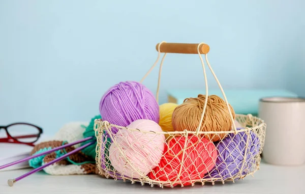Basket Colorful Knitting Yarns Table Indoors — Stock Photo, Image