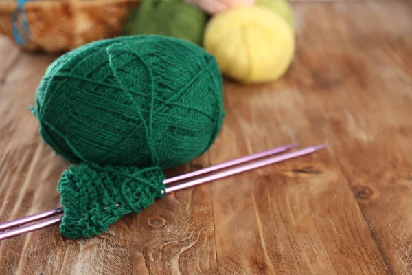Knitting Yarn Needles Wooden Table — Stock Photo, Image