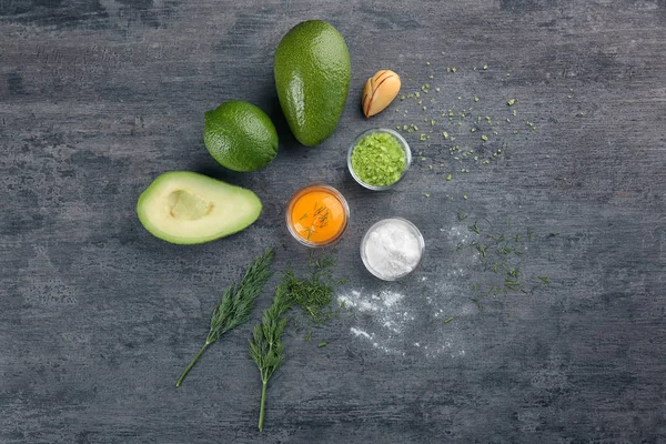 Natural Ingredients Homemade Avocado Scrub Grey Background — Stock Photo, Image