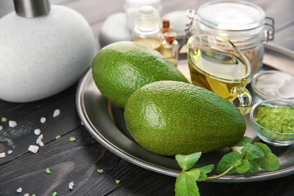 Placa Com Ingredientes Naturais Para Cosméticos Caseiros Mesa Madeira — Fotografia de Stock