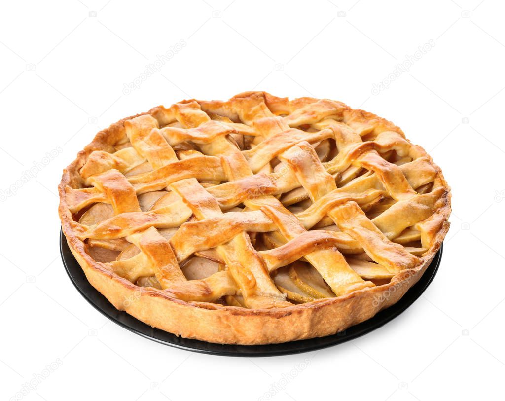 Tasty homemade apple pie on white background