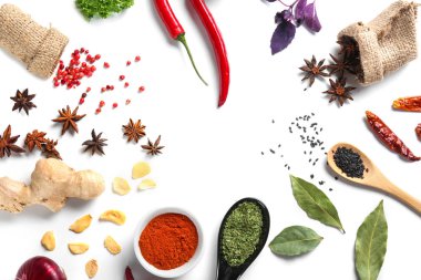 Beyaz arka plan üzerinde çeşitli baharatlar ile kompozisyon