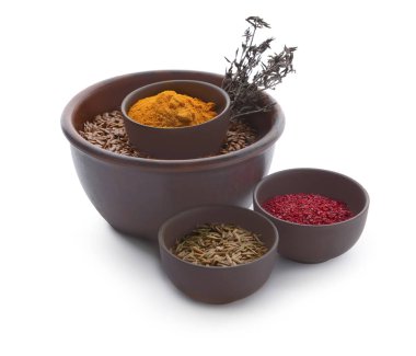 Beyaz arka planda farklı baharatlı kaseler