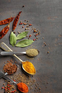 Metal kaşık ile baharat gri arka plan üzerinde