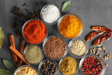 Gri arka plan üzerinde çeşitli baharatlar ile kase