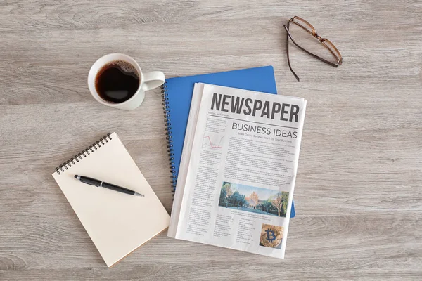 Newspaper Notebooks Cup Coffee Wooden Table — Stock Photo, Image