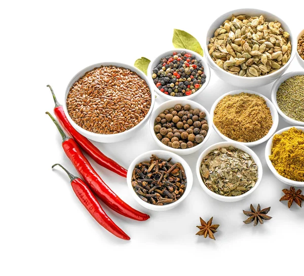 Bowls Various Spices White Background — Stock Photo, Image