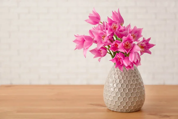 Vase Beautiful Tulips Wooden Table Light Background — Stock Photo, Image
