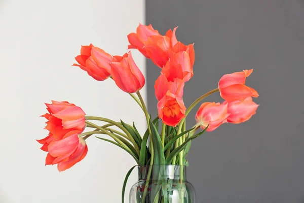 Vase Mit Schönen Tulpen Auf Farbigem Hintergrund — Stockfoto