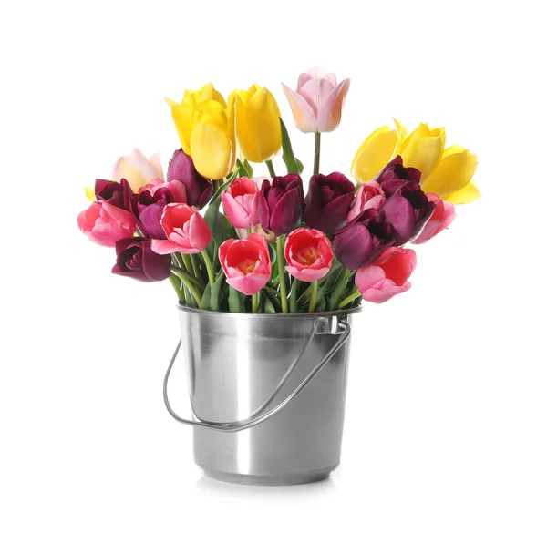 Bucket Beautiful Tulips White Background — Stock Photo, Image