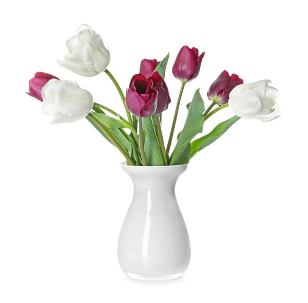 Vase Beautiful Tulips White Background — Stock Photo, Image