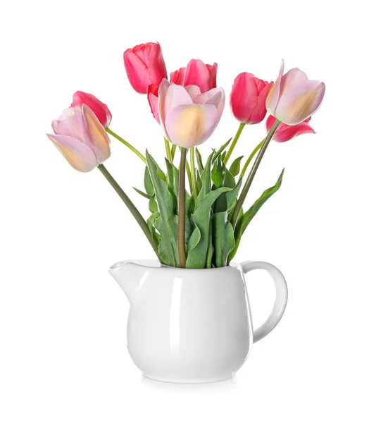 Vase Beautiful Tulips White Background — Stock Photo, Image