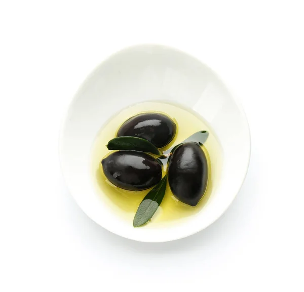 Bowl Oil Canned Olives White Background — Stock Photo, Image