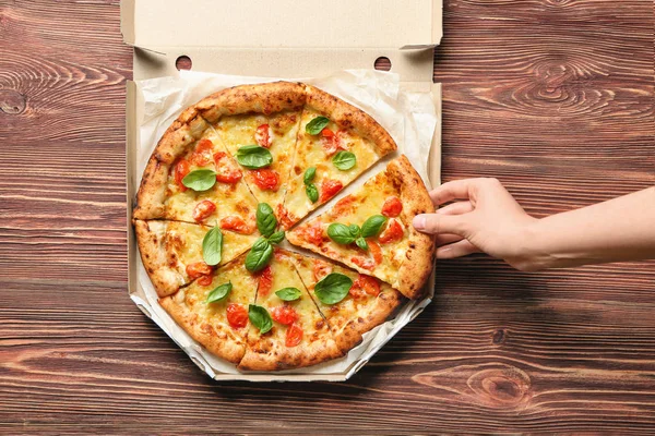 Young Woman Taking Slice Delicious Pizza Margherita Box — Stock Photo, Image