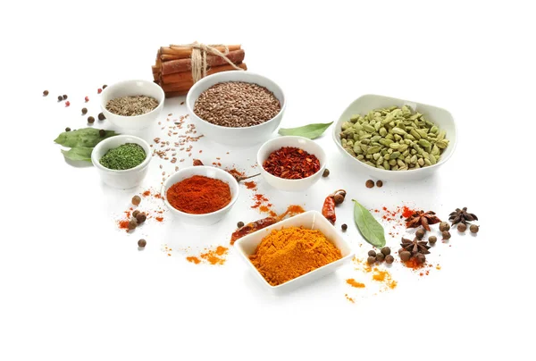 Variety of spices on white background