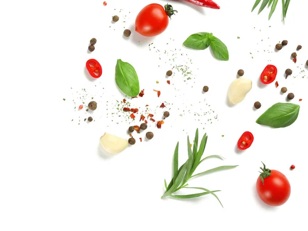 Fresh Tomatoes Herbs Spices White Background — Stock Photo, Image