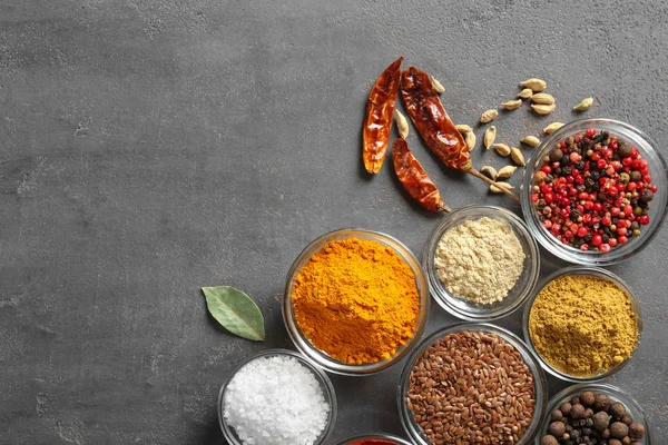 Bowls Various Spices Grey Background — Stock Photo, Image