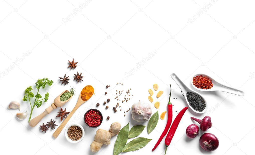 Composition with various spices on white background