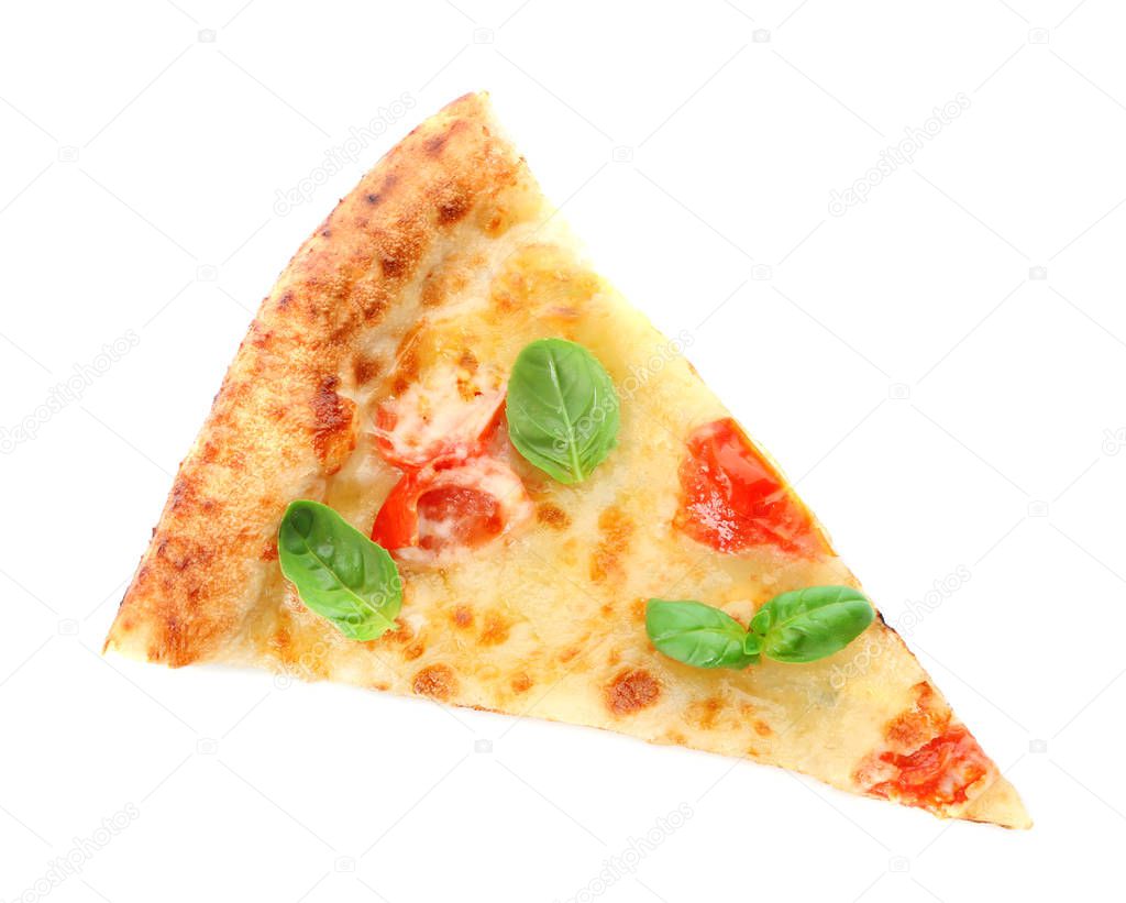 Piece of delicious pizza Margherita on white background