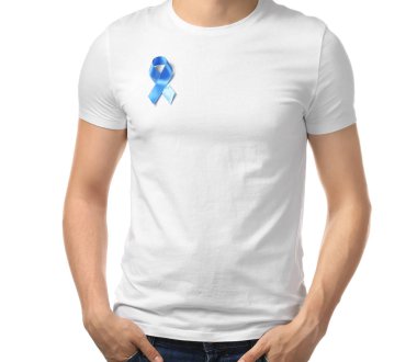 Sembolik mavi kurdele beyaz arka plan üzerinde olan adam. Prostat kanseri kavramı