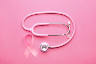 Renkli arka planda pembe kurdele ve steteskop. Göğüs kanseri farkındalığı konsepti