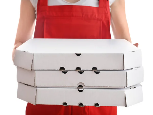 Dodávky Žena Lepenkové Pizza Krabic Bílém Pozadí — Stock fotografie