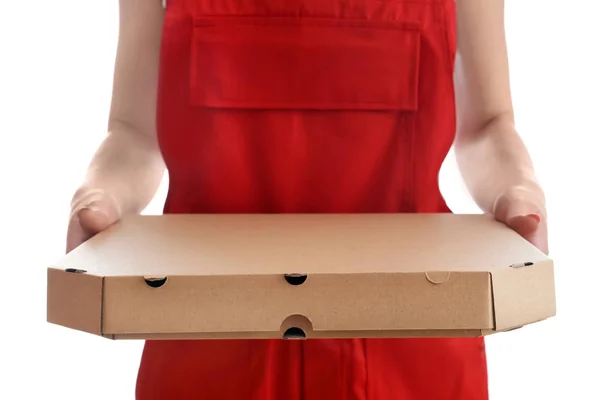 Delivery Woman Cardboard Pizza Box White Background — Stock Photo, Image