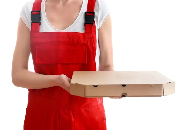 Dostawy Kobieta Pudełko Kartonowe Pizza Białym Tle — Zdjęcie stockowe