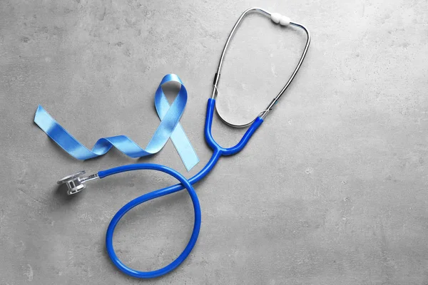 Blue Ribbon Stethoscope Grey Background Prostate Cancer Awareness — Stock Photo, Image