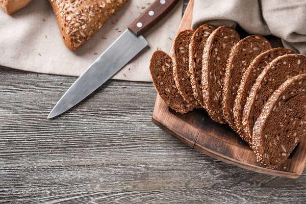 Knife Board Cut Fresh Tasty Bread Wooden Table — Stock Photo, Image