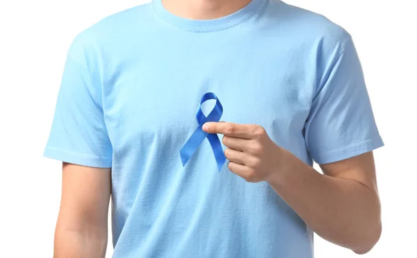 Homem Segurando Fita Azul Fundo Branco Conceito Câncer Próstata — Fotografia de Stock