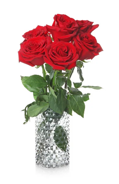 Vaso Com Belas Rosas Fundo Branco — Fotografia de Stock