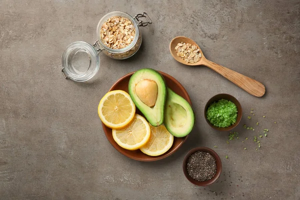 Avocado Ingredients Natural Homemade Cosmetics Grey Background — Stock Photo, Image