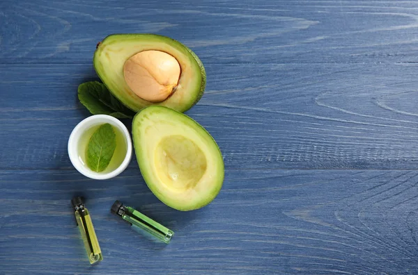 Avocado Ingredients Natural Homemade Cosmetics Wooden Background — Stock Photo, Image