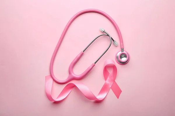 Pink Ribbon Stethoscope Color Background Breast Cancer Awareness Concept — Stock Photo, Image